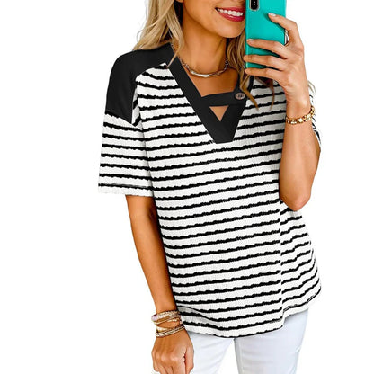 Women's Striped V-Neck Short Sleeve Top