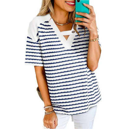 Women's Striped V-Neck Short Sleeve Top