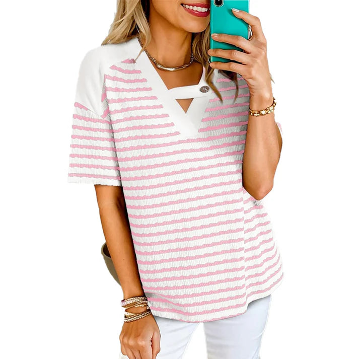 Women's Striped V-Neck Short Sleeve Top