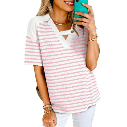 Women's Striped V-Neck Short Sleeve Top