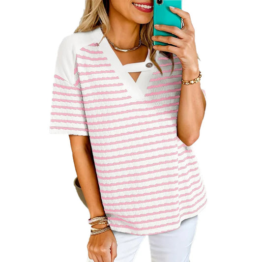 Women's Striped V-Neck Short Sleeve Top