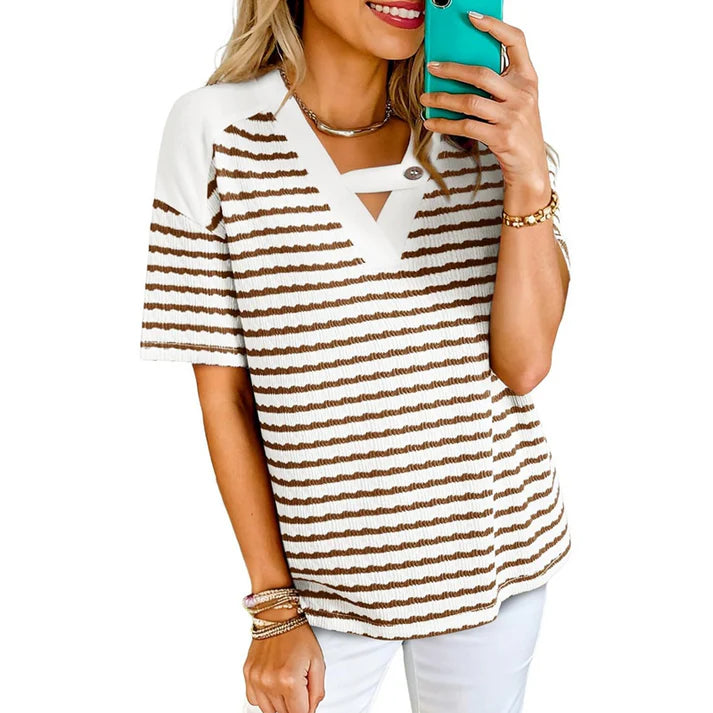 Women's Striped V-Neck Short Sleeve Top