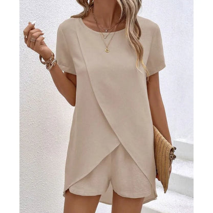 Asymmetrical Wrap Hem Top & Shorts Two-Piece Lounge Set