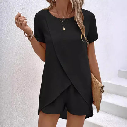 Asymmetrical Wrap Hem Top & Shorts Two-Piece Lounge Set