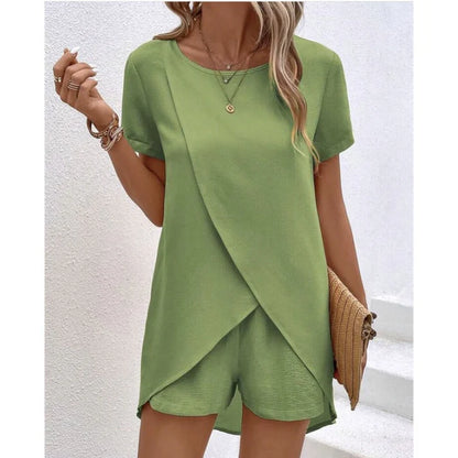 Asymmetrical Wrap Hem Top & Shorts Two-Piece Lounge Set