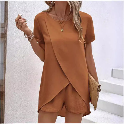 Asymmetrical Wrap Hem Top & Shorts Two-Piece Lounge Set