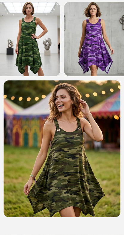 Women's Sleeveless Asymmetrical Hem Camouflage Dress