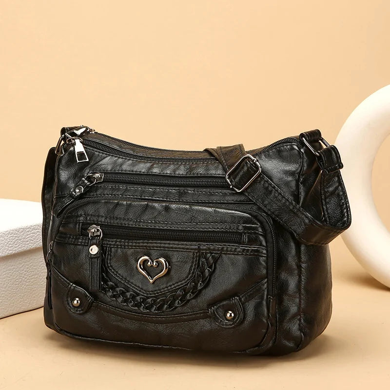 Women’s Multi-Pocket Leather-Look Crossbody Bag