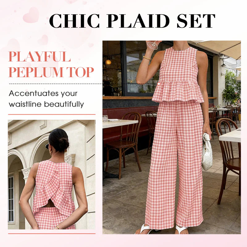 Women's Gingham Peplum Top & Wide-Leg Pants Set