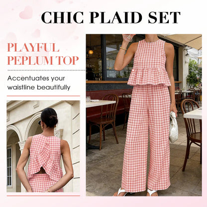 Women's Gingham Peplum Top & Wide-Leg Pants Set
