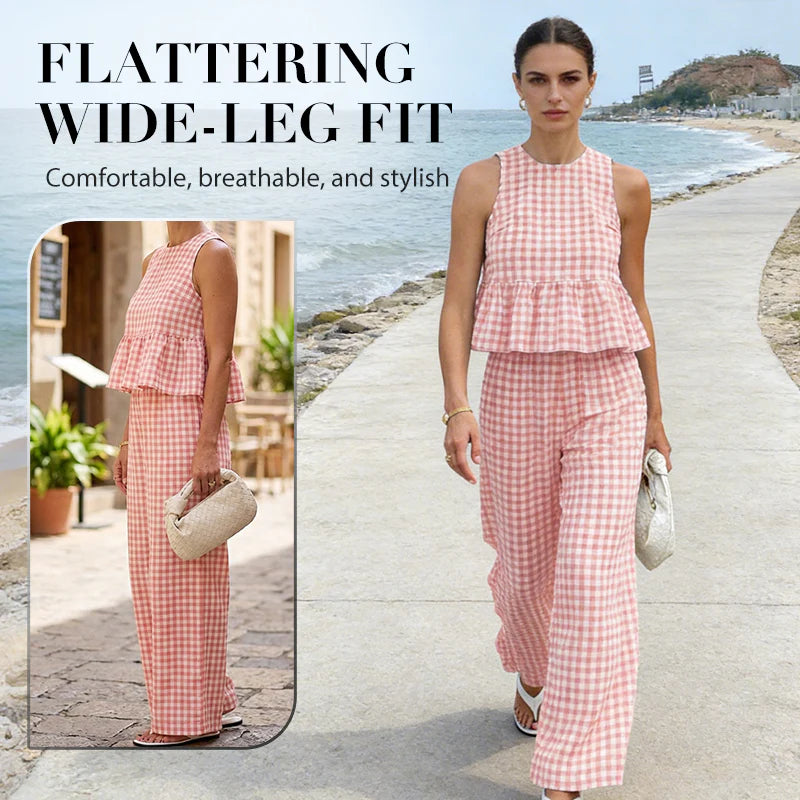 Women's Gingham Peplum Top & Wide-Leg Pants Set