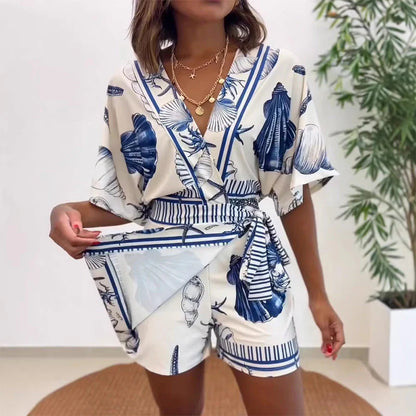 Women’s Tropical Print V-Neck Wrap Romper