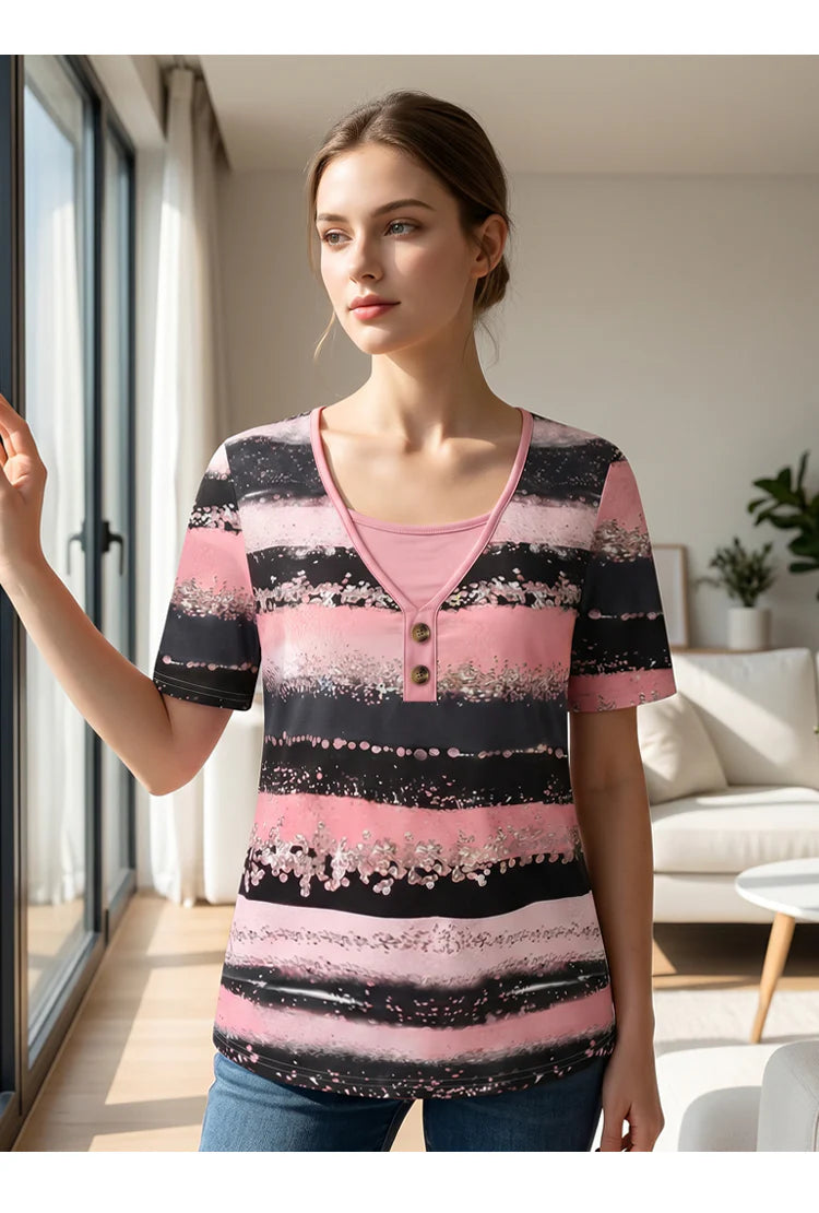 Women’s Printed Henley Casual Top