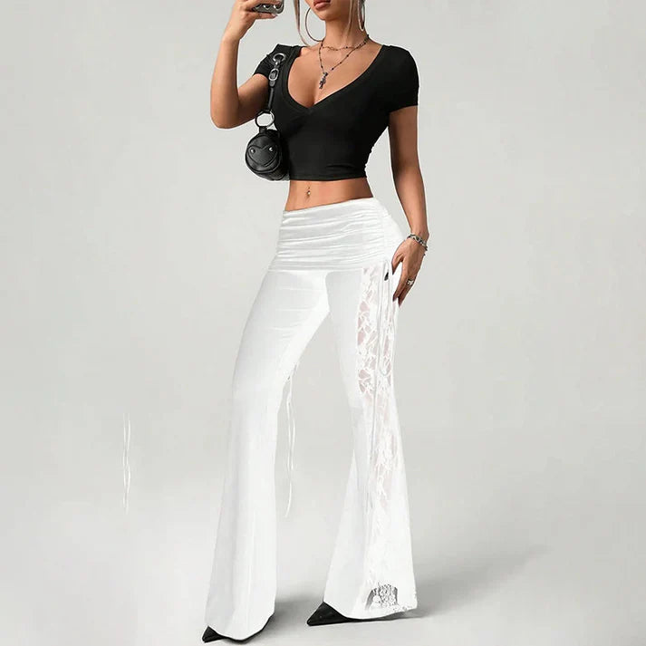 Women's Ruched Lace Panel Flare Pants