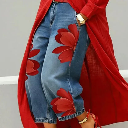 Women's Floral Print Wide Leg Cropped Jeans