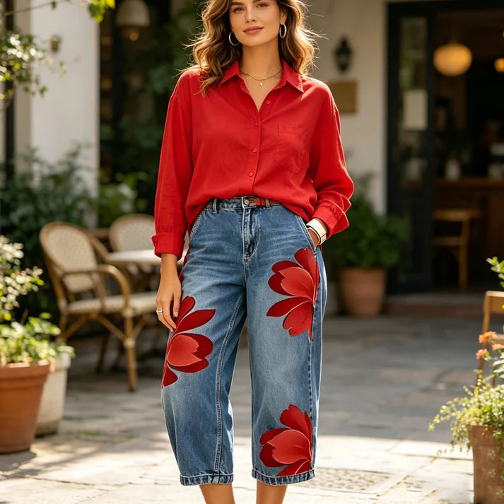 Women's Floral Print Wide Leg Cropped Jeans