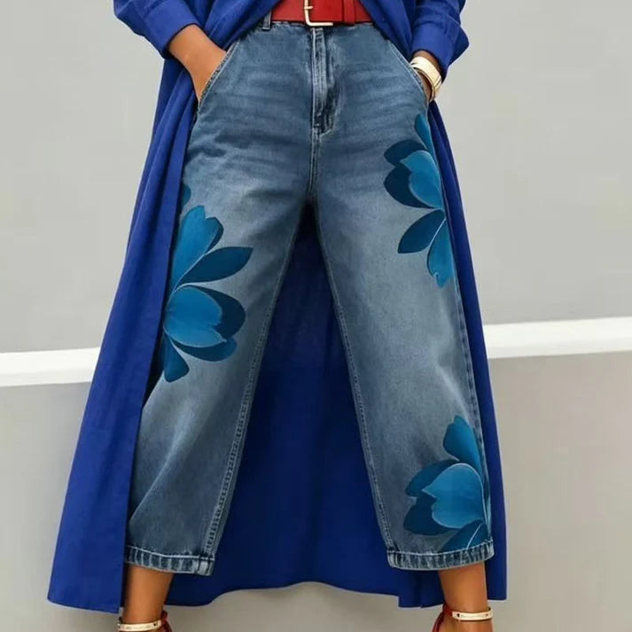Women's Floral Print Wide Leg Cropped Jeans