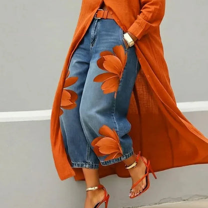 Women's Floral Print Wide Leg Cropped Jeans