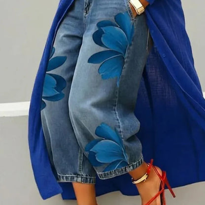 Women's Floral Print Wide Leg Cropped Jeans