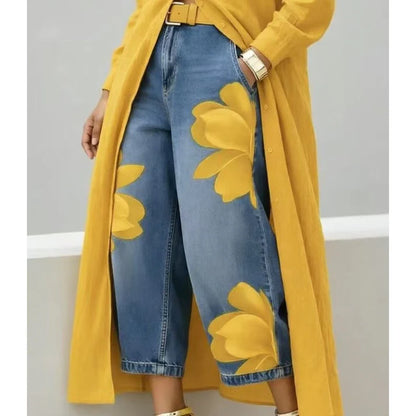 Women's Floral Print Wide Leg Cropped Jeans