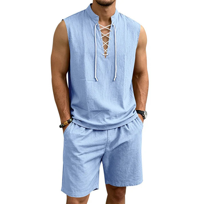 Men's Lace-Up Sleeveless Shorts Set