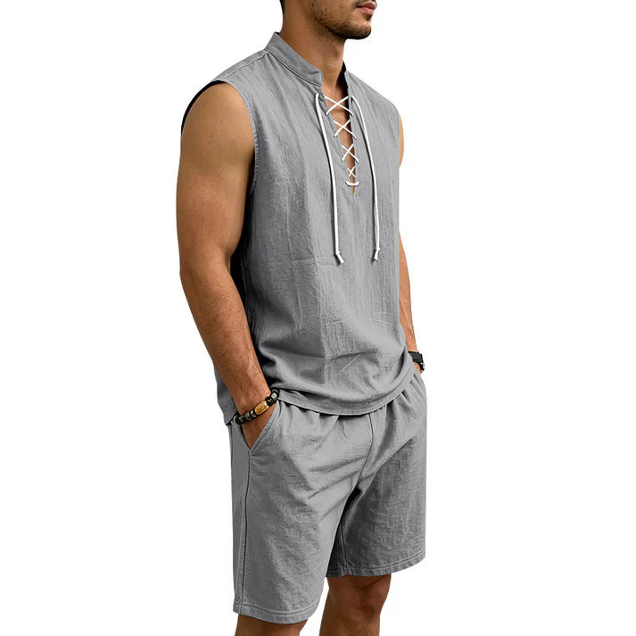 Men's Lace-Up Sleeveless Shorts Set
