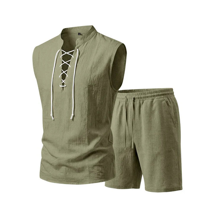 Men's Lace-Up Sleeveless Shorts Set