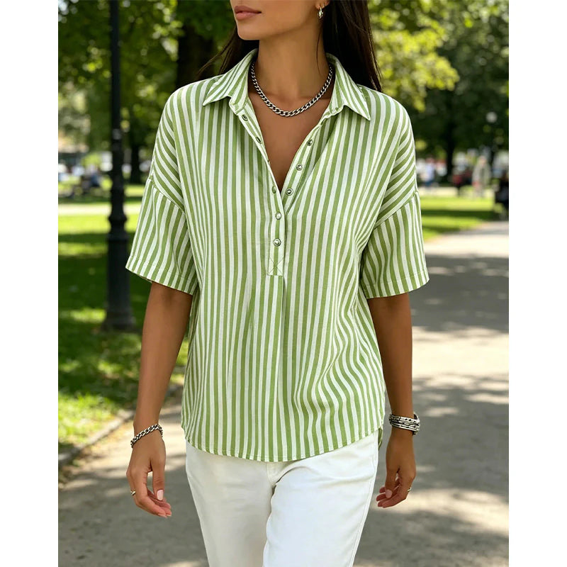 Women's Striped Short Sleeve Button-Neck Blouse