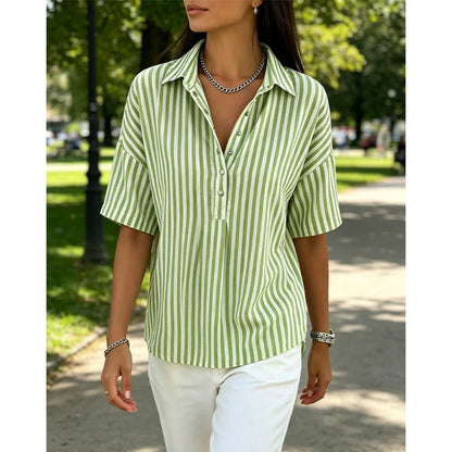 Women's Striped Short Sleeve Button-Neck Blouse