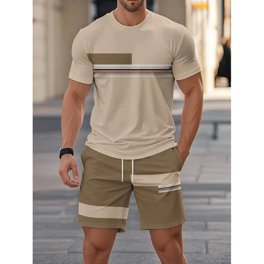 Men's Striped Color Block T-Shirt & Drawstring Shorts Set