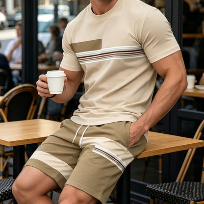 Men's Striped Color Block T-Shirt & Drawstring Shorts Set