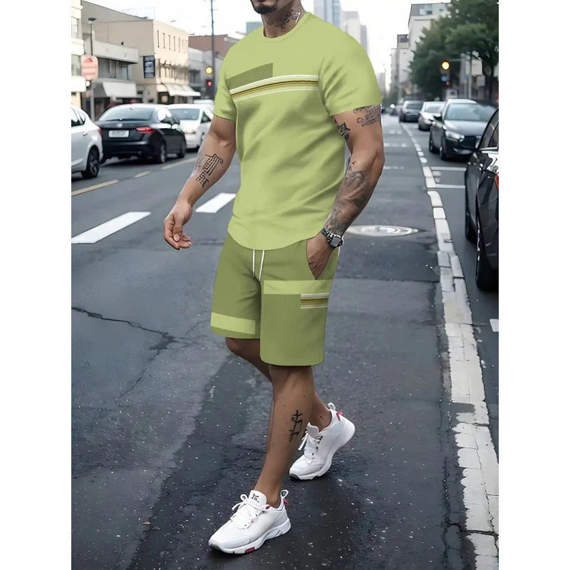 Men's Striped Color Block T-Shirt & Drawstring Shorts Set
