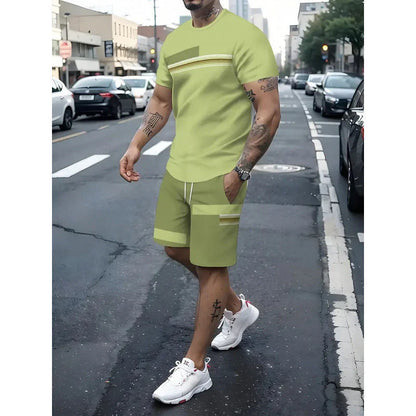 Men's Striped Color Block T-Shirt & Drawstring Shorts Set