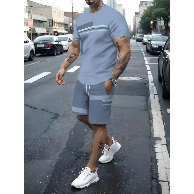 Men's Striped Color Block T-Shirt & Drawstring Shorts Set