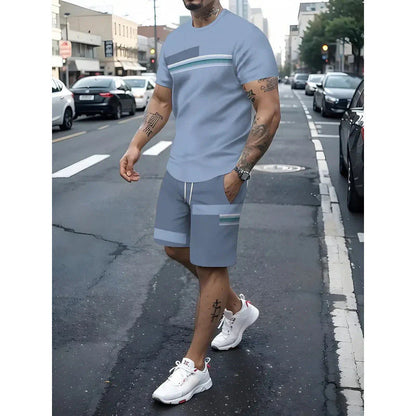 Men's Striped Color Block T-Shirt & Drawstring Shorts Set
