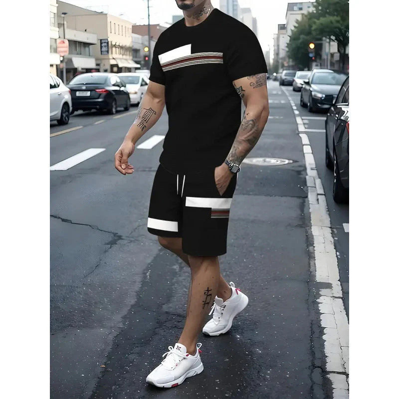Men's Striped Color Block T-Shirt & Drawstring Shorts Set