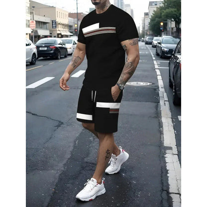 Men's Striped Color Block T-Shirt & Drawstring Shorts Set