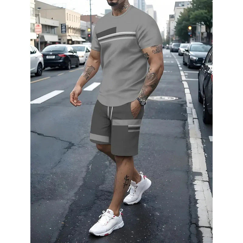 Men's Striped Color Block T-Shirt & Drawstring Shorts Set