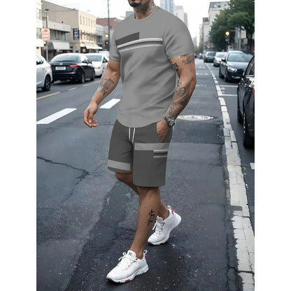 Men's Striped Color Block T-Shirt & Drawstring Shorts Set