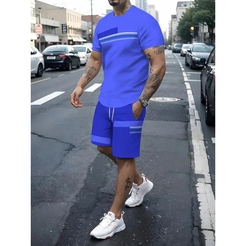 Men's Striped Color Block T-Shirt & Drawstring Shorts Set