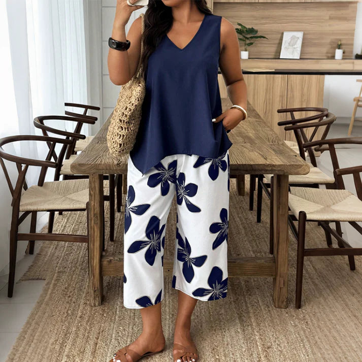 Floral Print Capri Pants & Asymmetrical Tank Top Two-Piece Set