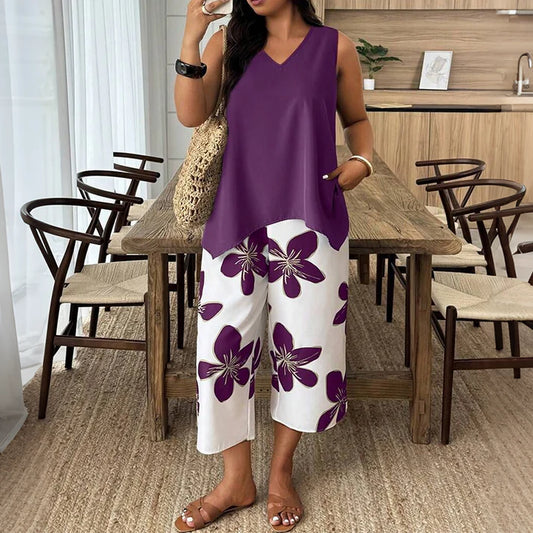 Floral Print Capri Pants & Asymmetrical Tank Top Two-Piece Set