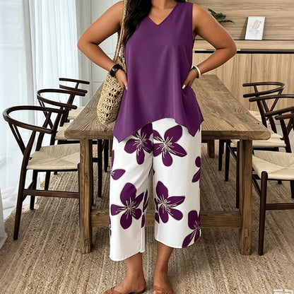 Floral Print Capri Pants & Asymmetrical Tank Top Two-Piece Set