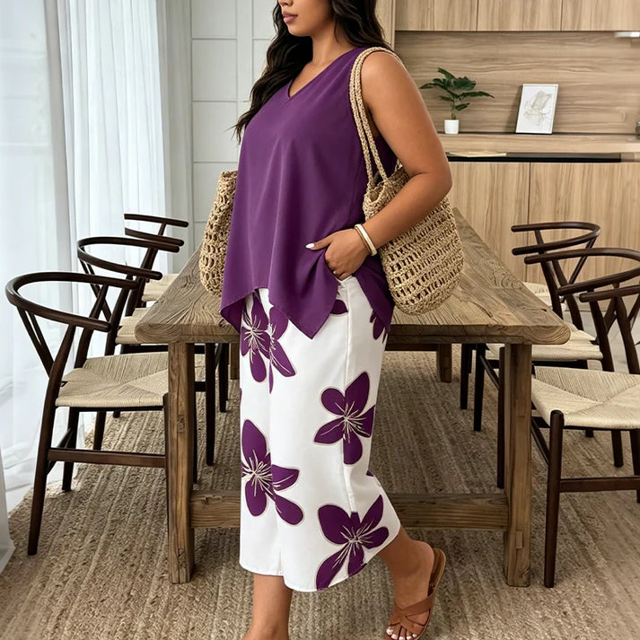Floral Print Capri Pants & Asymmetrical Tank Top Two-Piece Set