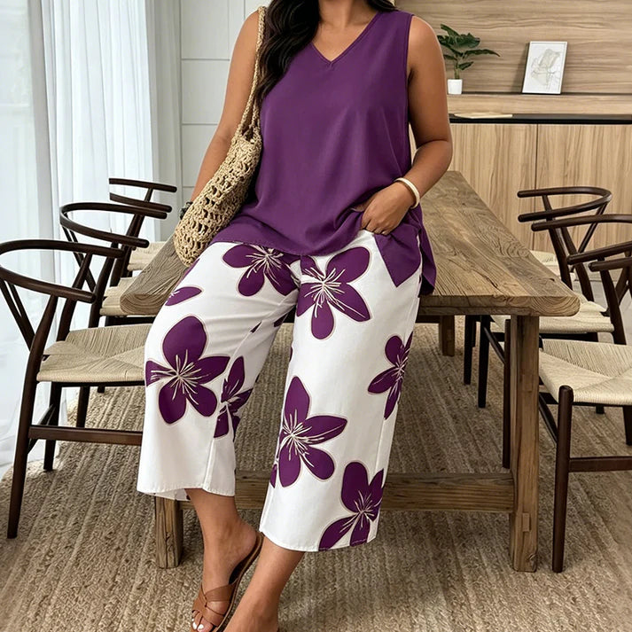 Floral Print Capri Pants & Asymmetrical Tank Top Two-Piece Set