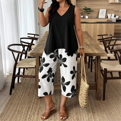 Floral Print Capri Pants & Asymmetrical Tank Top Two-Piece Set