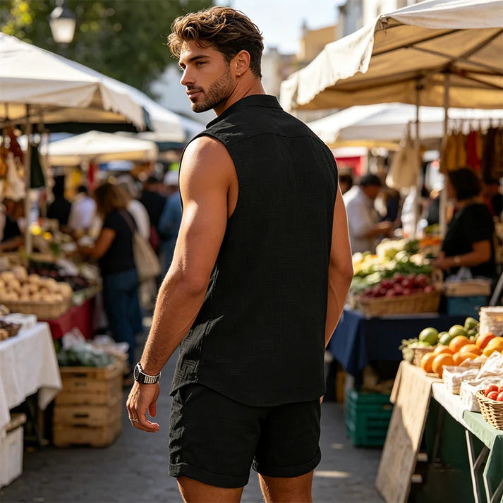 Men's Sleeveless Button Front Shirt & Shorts Set