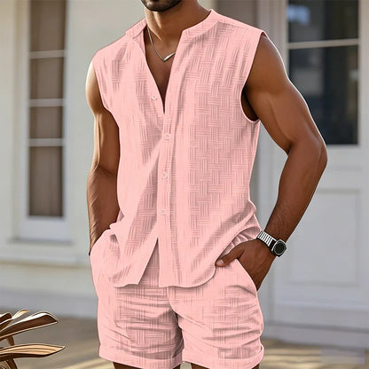 Men's Sleeveless Button Front Shirt & Shorts Set