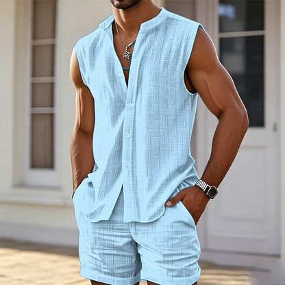 Men's Sleeveless Button Front Shirt & Shorts Set