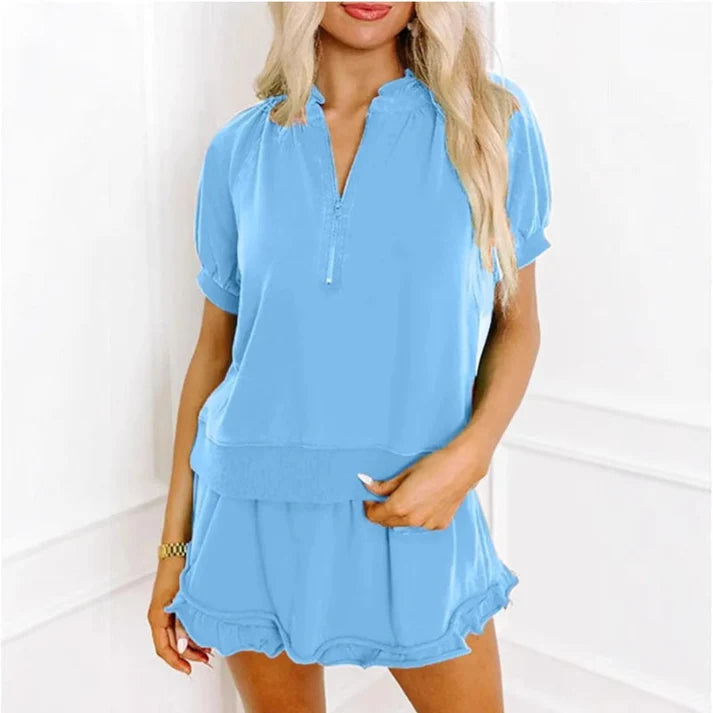 Women's Ruffle Trim Zip Neck Top & Shorts Set